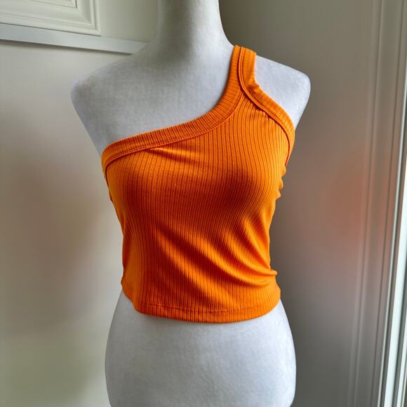 Lioness One Shoulder Cropped Orange Ribbed Tank Small Stretchy - Picture 2 of 6